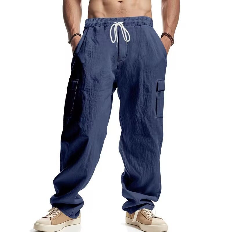 Men's Linen Blend Cargo Trousers - Navy