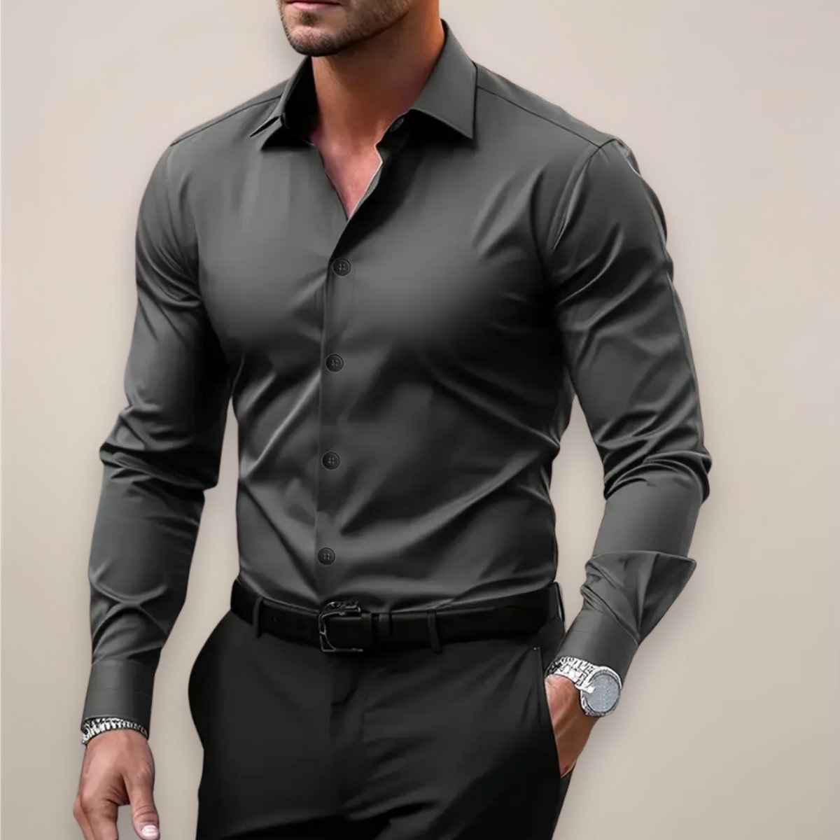 Men's Long Sleeve Slim Fit Dress Shirt - Dark Grey