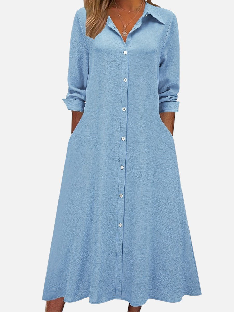 Women's Long Sleeve Midi Shirt Dress - Sky Blue