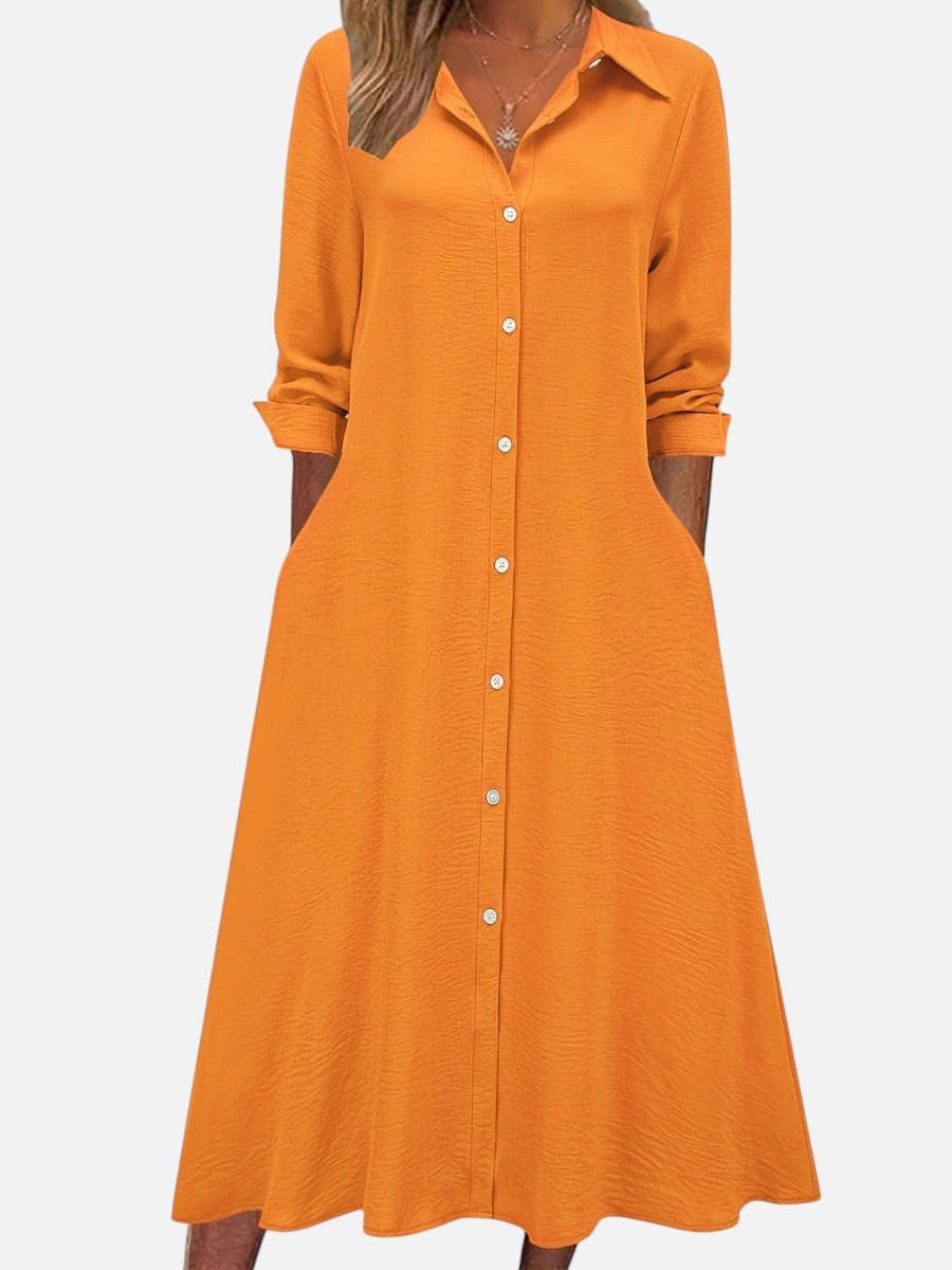 Women's Long Sleeve Midi Shirt Dress - Orange