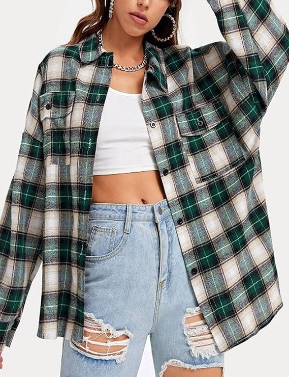 Women's Plaid Flannel Shacket - Olive