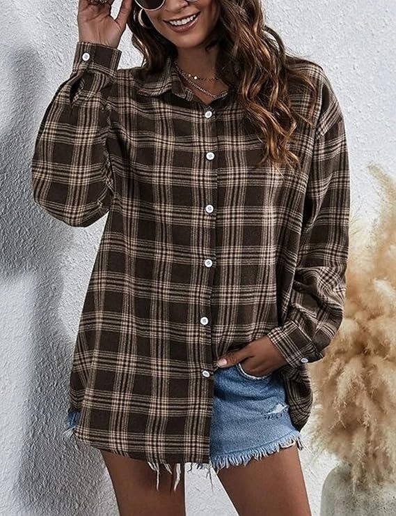 Women's Plaid Flannel Shacket - Dark Brown
