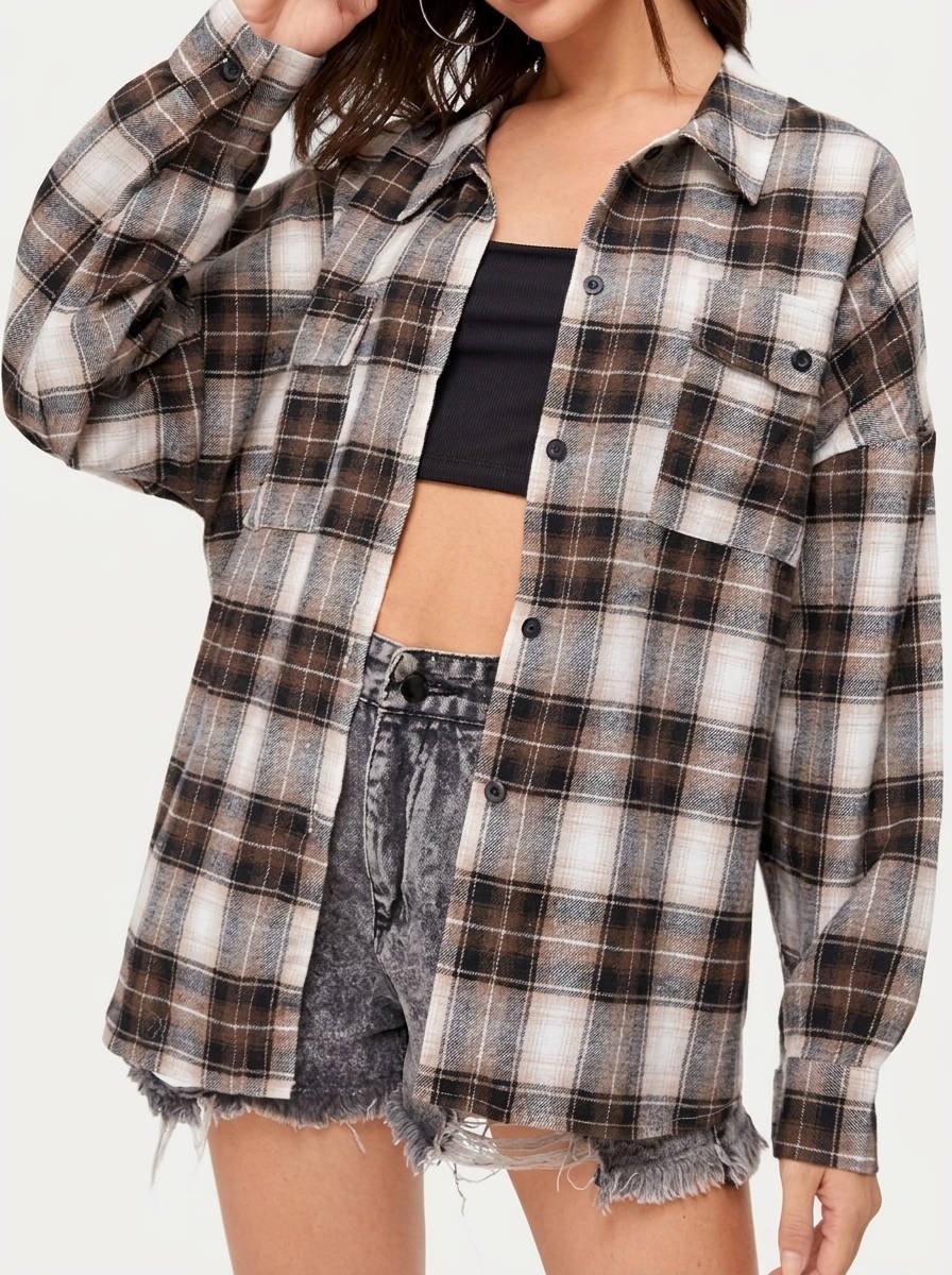 Women's Plaid Flannel Shacket - Brown