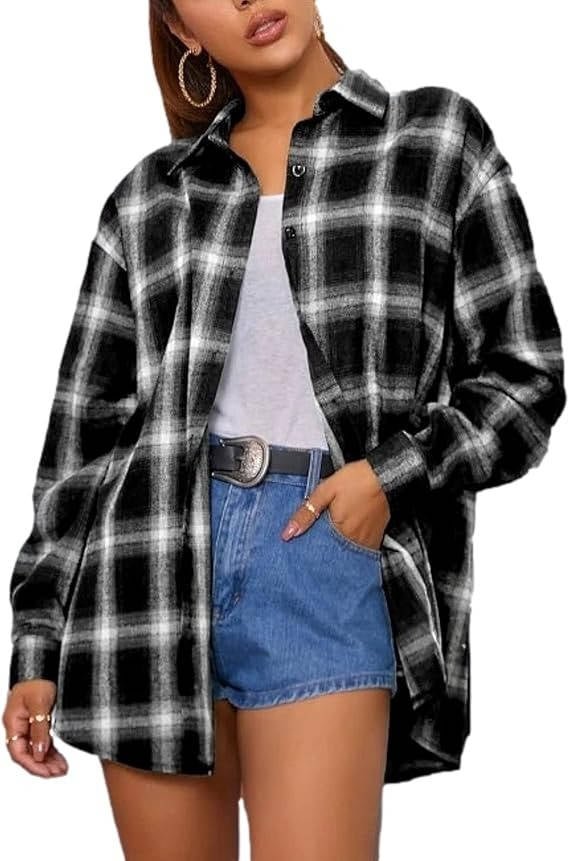 Women's Plaid Flannel Shacket - Black