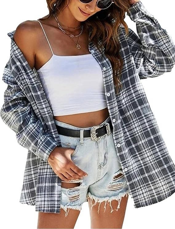 Women's Plaid Flannel Shacket - Gray