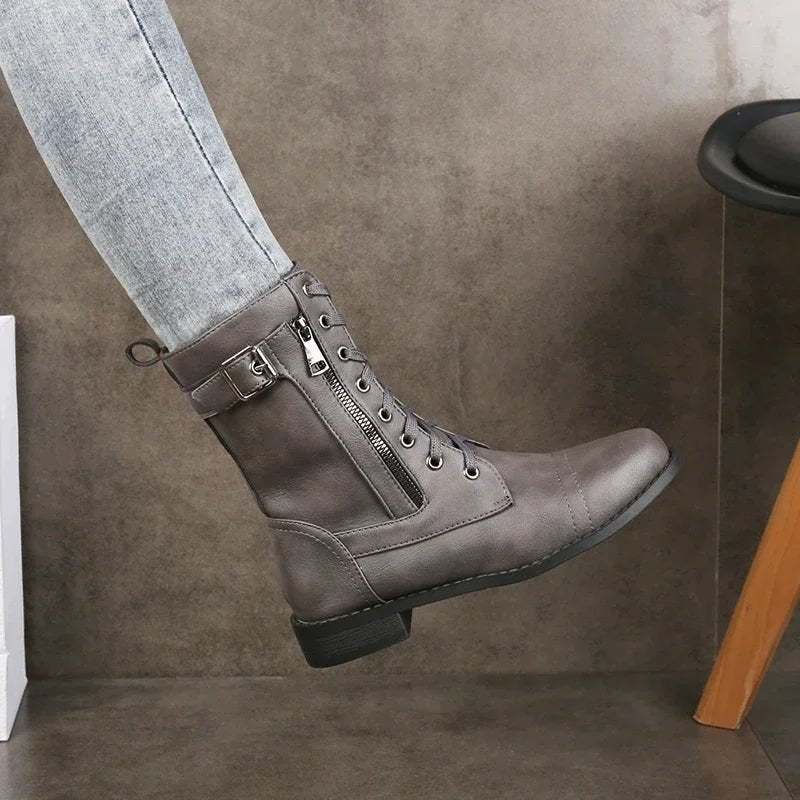 Women's Faux Leather Combat Ankle Boots - Grey