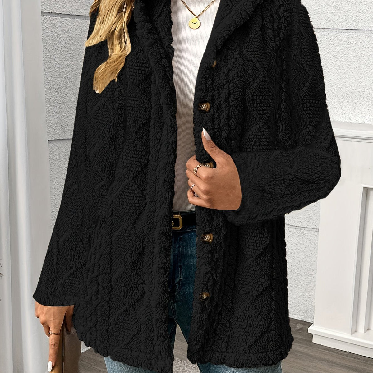Women's Textured Hooded Cardigan - Black