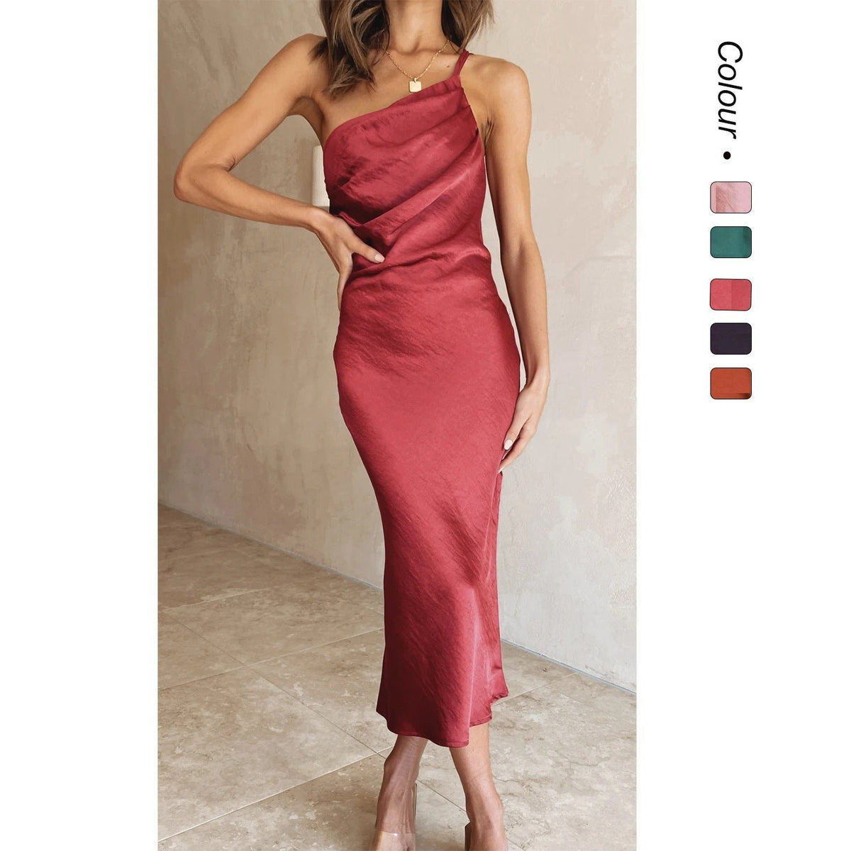 Women's Satin One-Shoulder Midi Dress