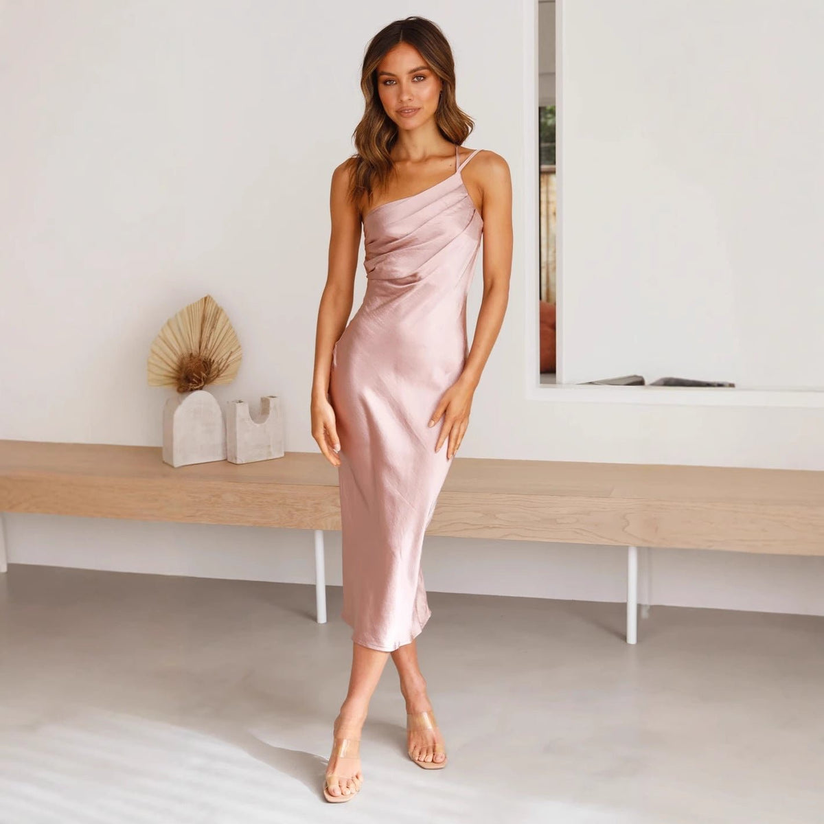 Women's Satin One-Shoulder Midi Dress