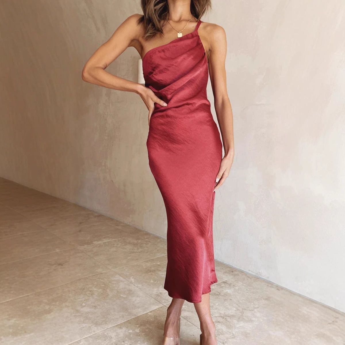 Women's Satin One-Shoulder Midi Dress
