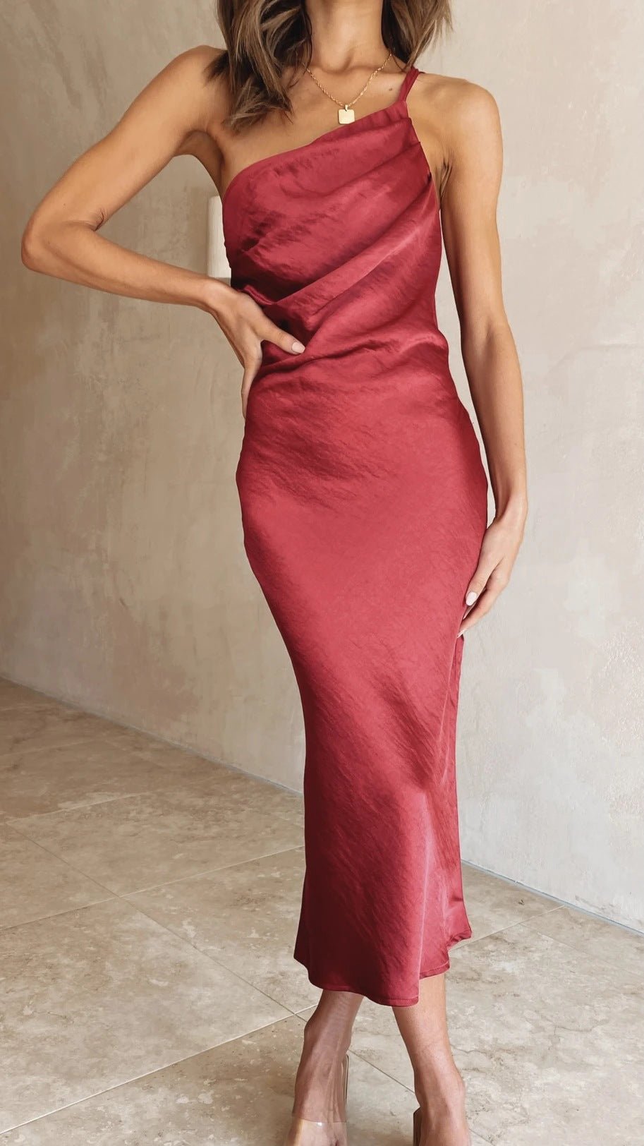 Women's Satin One-Shoulder Midi Dress - Red