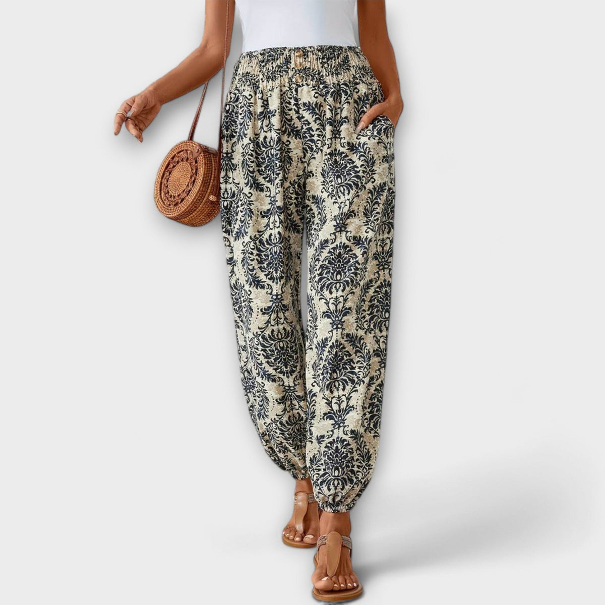 Women's Floral Harem Trousers - Beige