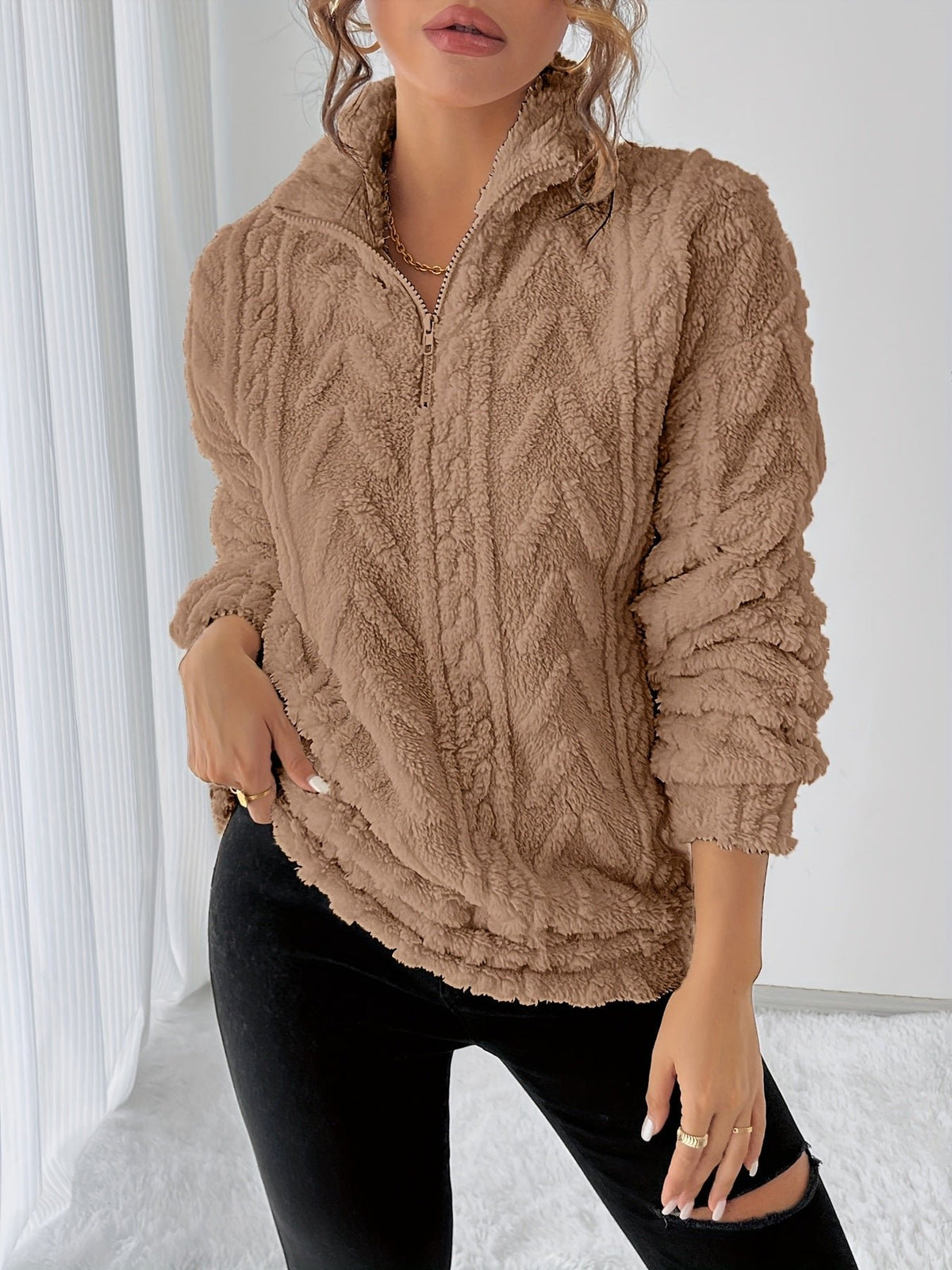 Women's Oversized Quarter-Zip Fleece Jumper - Khaki