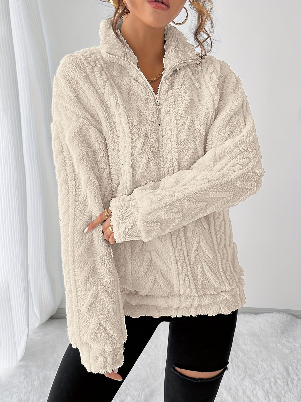 Women's Oversized Quarter-Zip Fleece Jumper - Cream