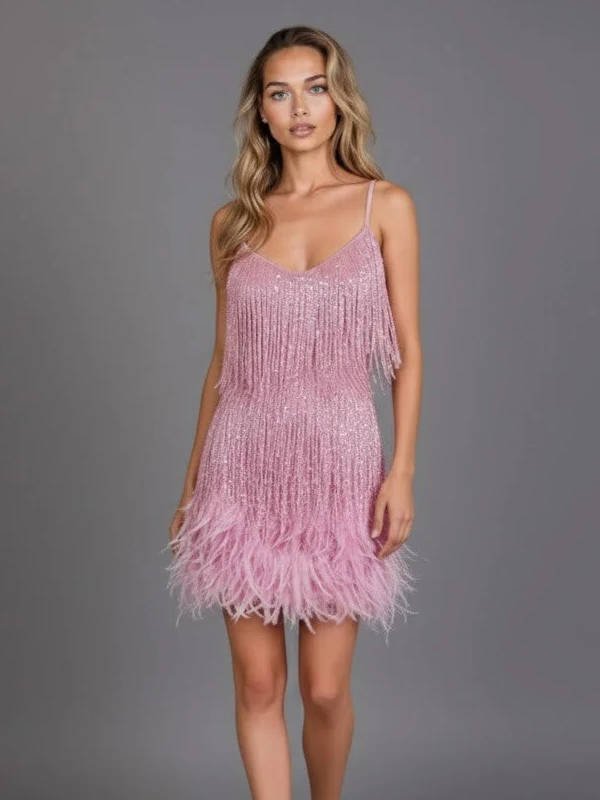 Women's Beaded Fringe Mini Party Dress - Pink