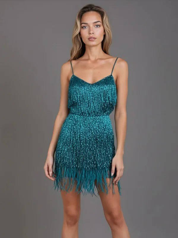 Women's Beaded Fringe Mini Party Dress - Peacock Blue