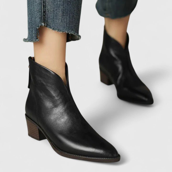 Women's Leather Pointed-Toe Ankle Boots - Black