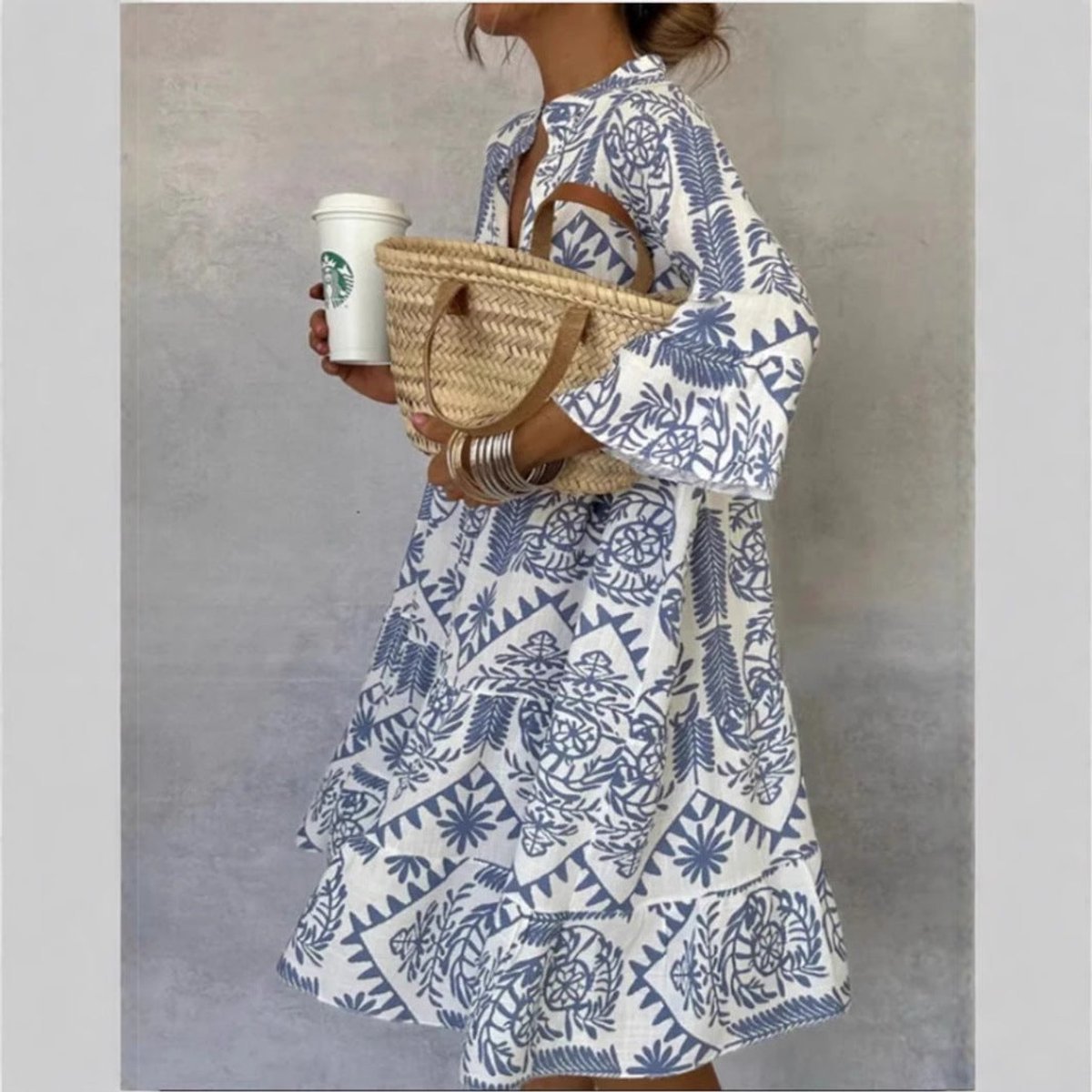 Women's Long Sleeve Floral V-Neck Swing Dress