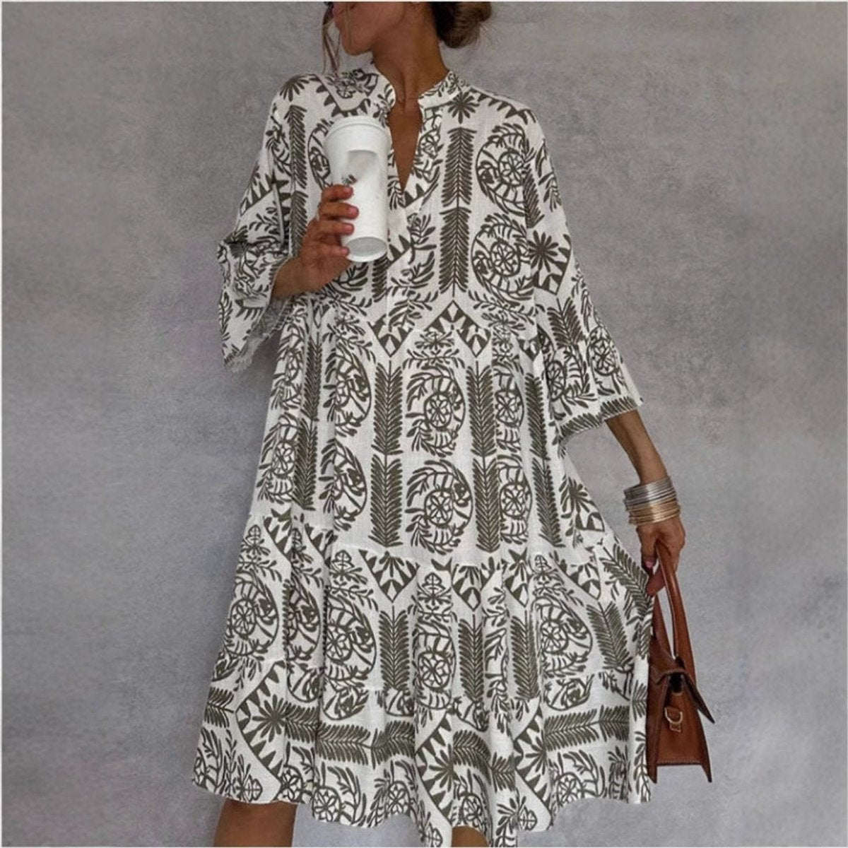 Women's Long Sleeve Floral V-Neck Swing Dress