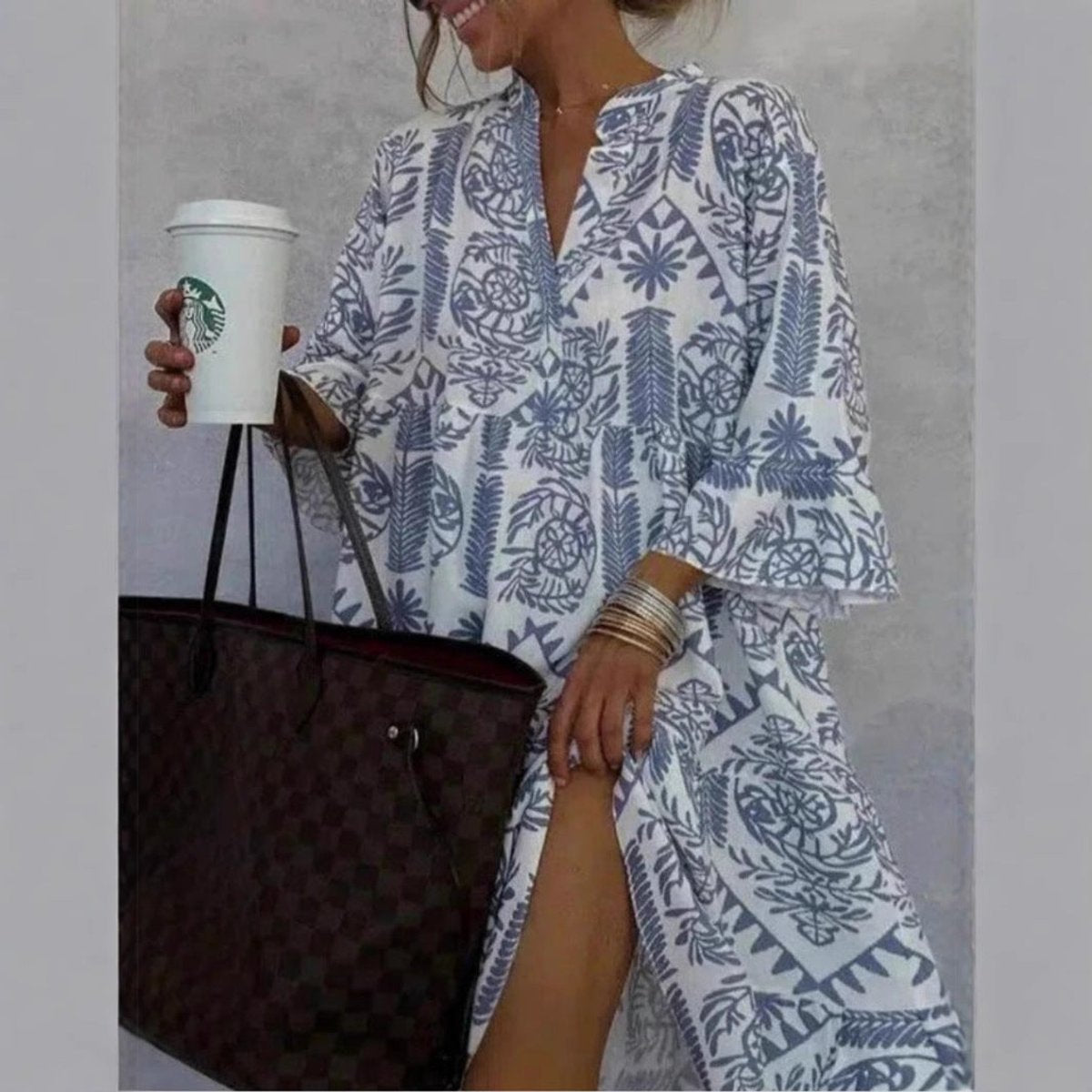 Women's Long Sleeve Floral V-Neck Swing Dress