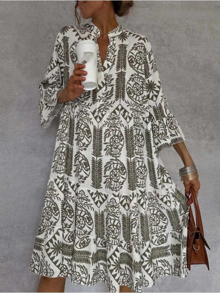 Women's Long Sleeve Floral V-Neck Swing Dress - Khaki