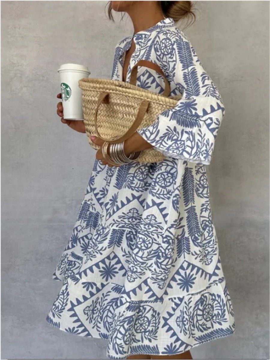 Women's Long Sleeve Floral V-Neck Swing Dress - Light Blue