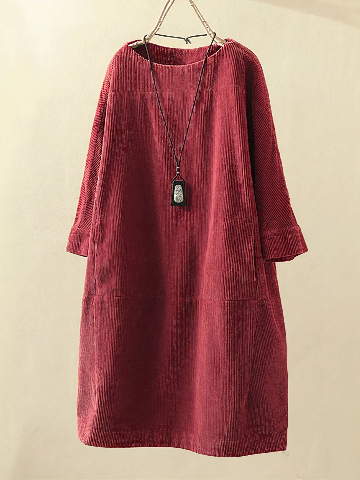 Women's Long Sleeve Striped Oversized Shift Dress - Red
