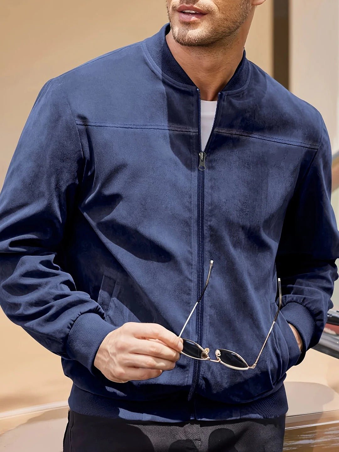 Men's Faux Suede Bomber Jacket - Blue