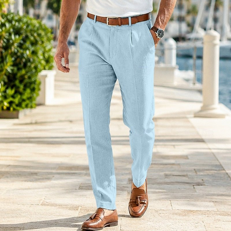 Men's Linen Blend Pleated Trousers - Blue