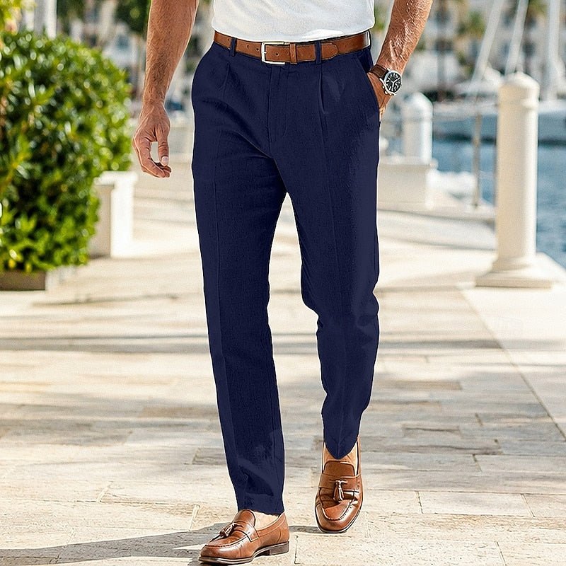 Men's Linen Blend Pleated Trousers - Navy Blue