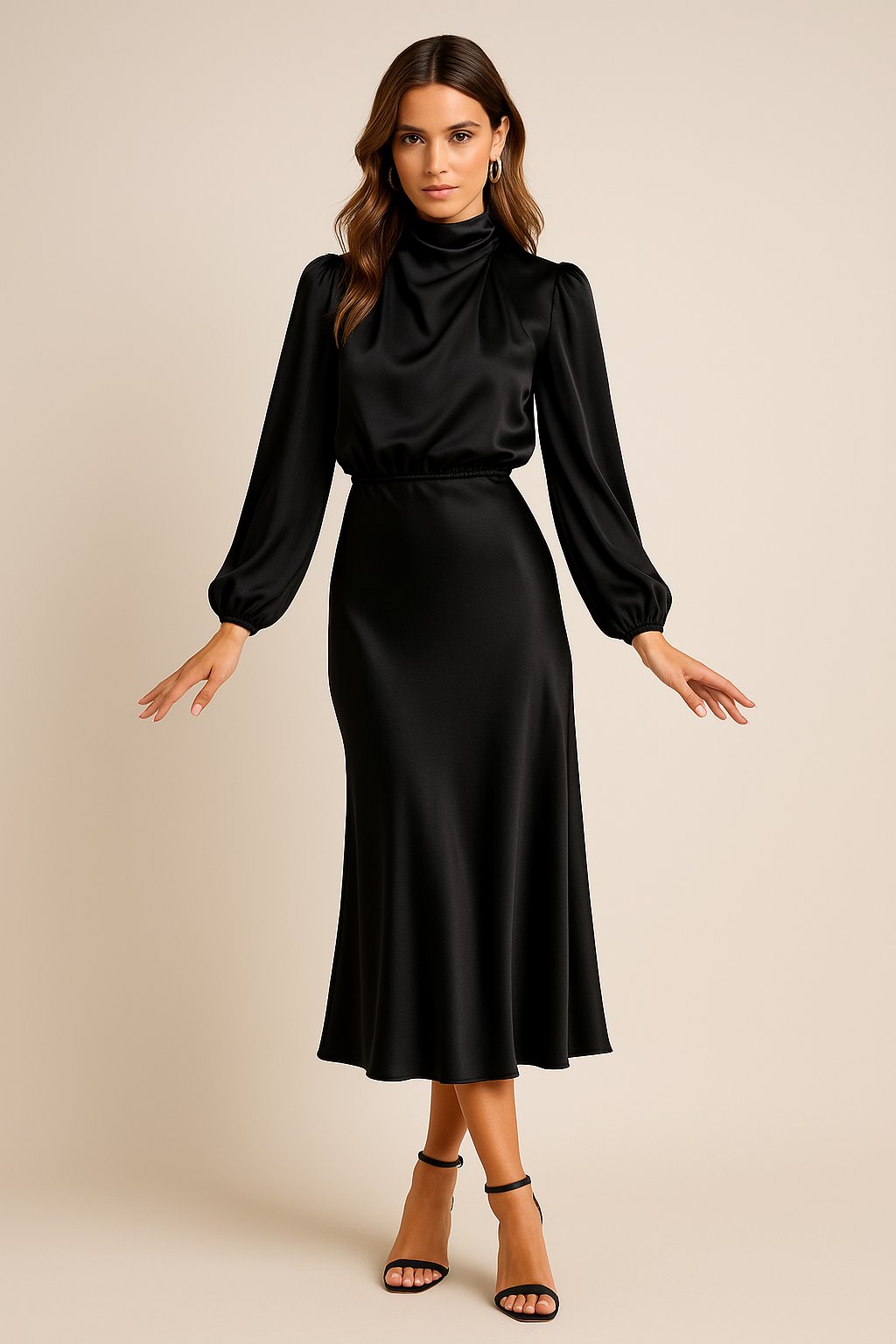 Women's Cocktail Satin Midi Dress - Black