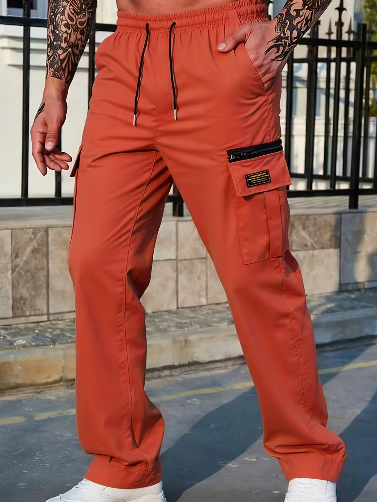 Men's Straight-Fit Cargo Trousers - Red Orange