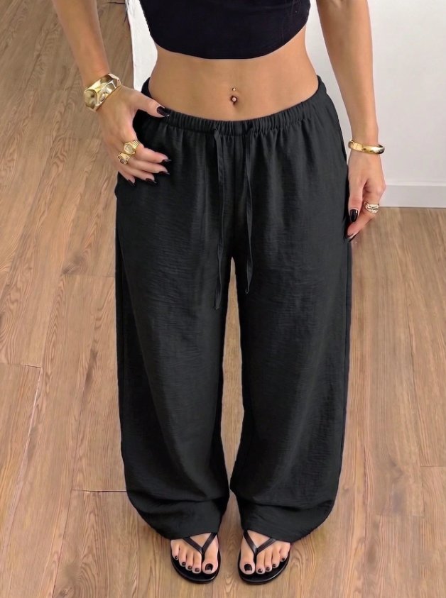 Women's Linen Blend Wide-Leg Trousers - Black