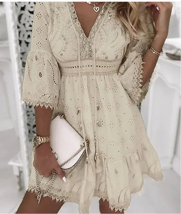 Women's Long Sleeve Boho V-Neck Mini Dress