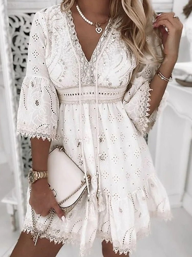 Women's Long Sleeve Boho V-Neck Mini Dress - White