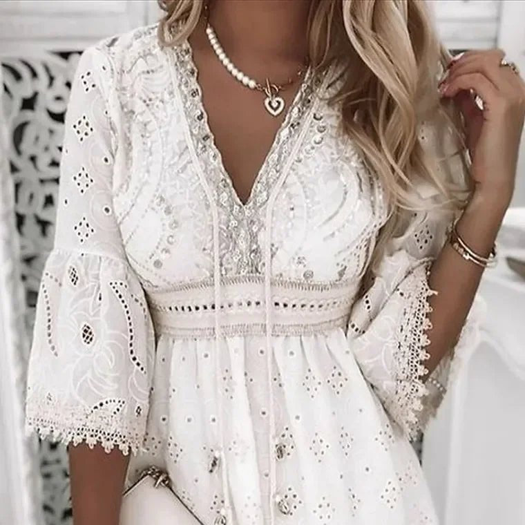 Women's Long Sleeve Boho V-Neck Mini Dress