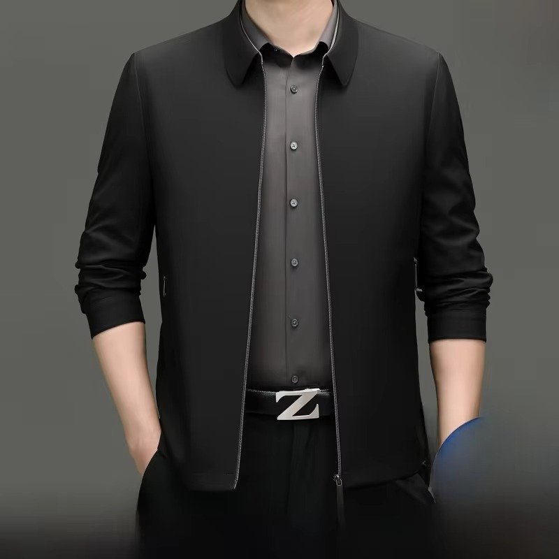 Men's Shirt Collar Zip-Up Jacket - black lapel