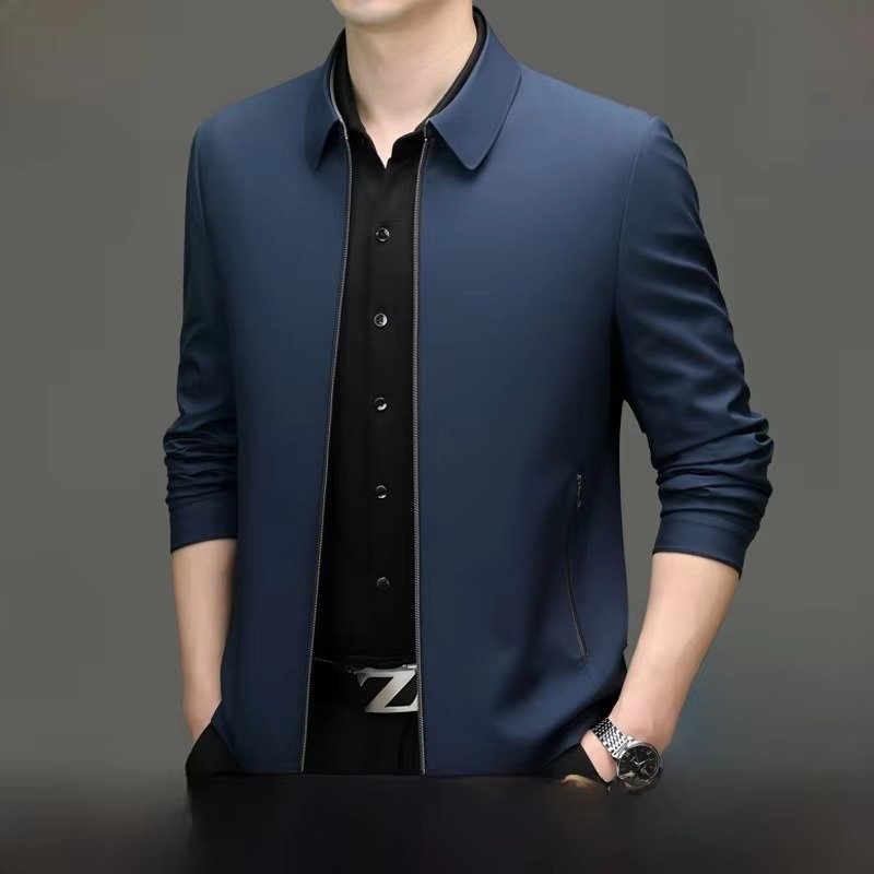 Men's Shirt Collar Zip-Up Jacket - blue lapel