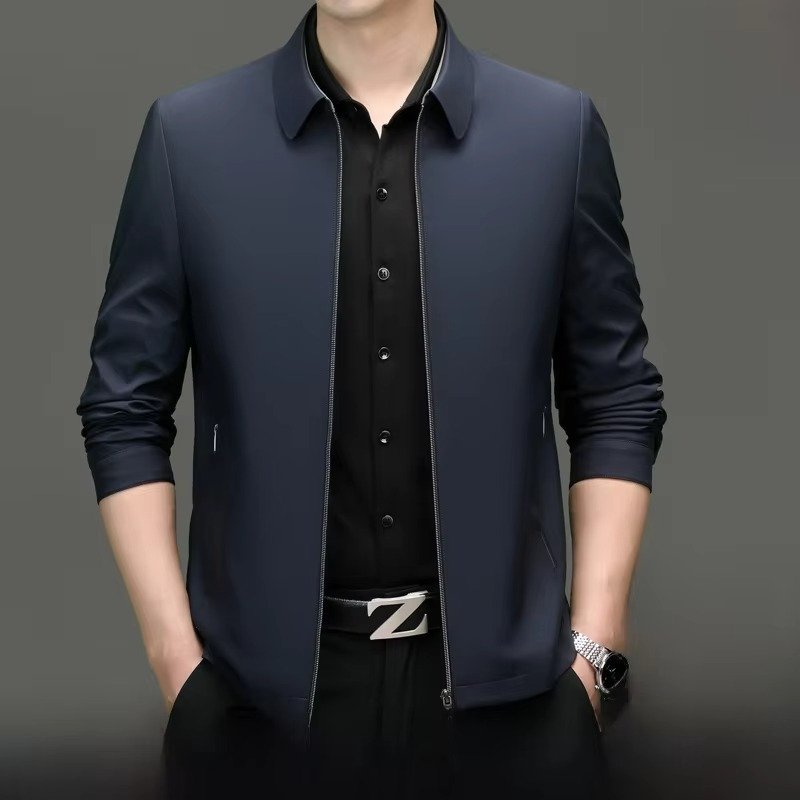 Men's Shirt Collar Zip-Up Jacket - navy blue lapel