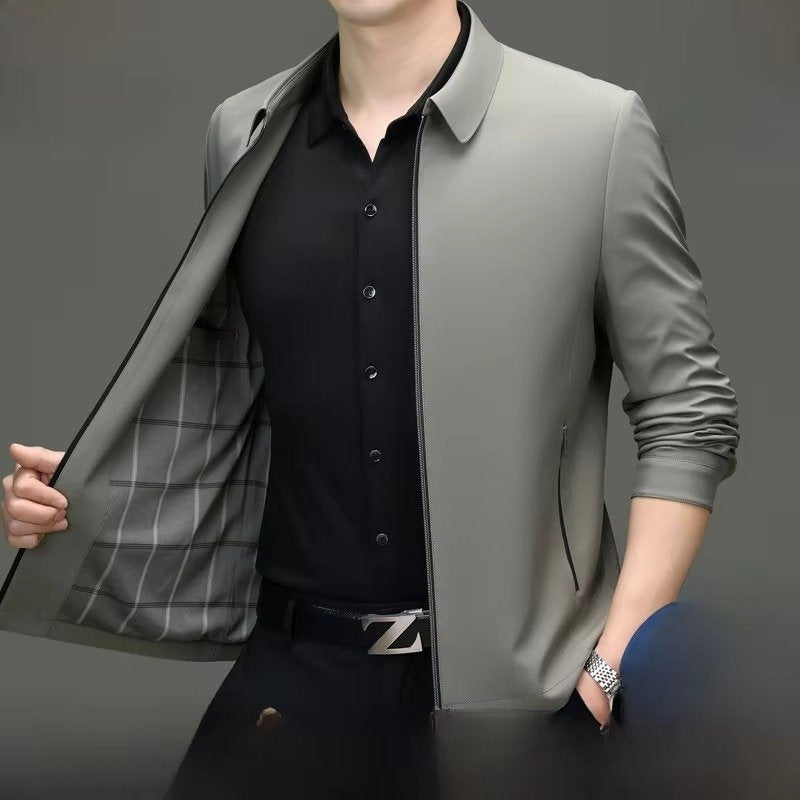 Men's Shirt Collar Zip-Up Jacket - khaki lapel