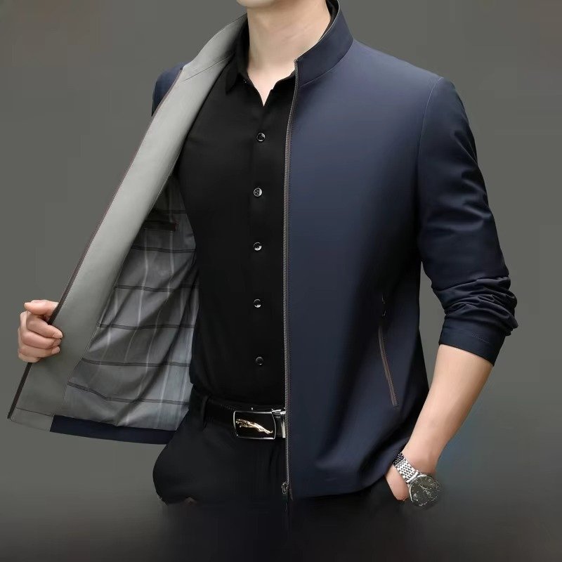 Men's Shirt Collar Zip-Up Jacket - blue stand collar