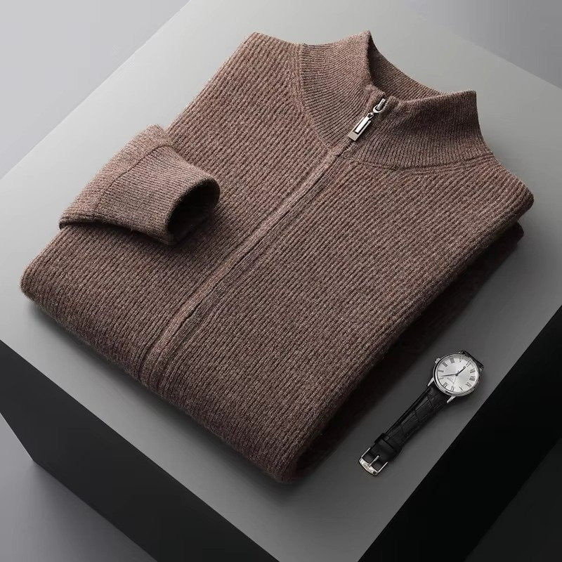 Men's Wool Zip-Up Cardigan - Coffee