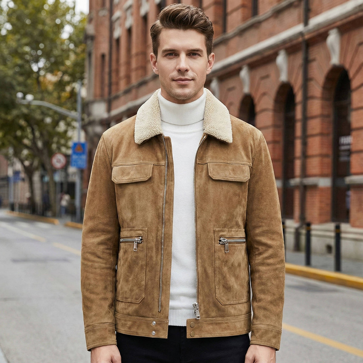 Men's Shearling-Collar Suede Jacket - Khaki