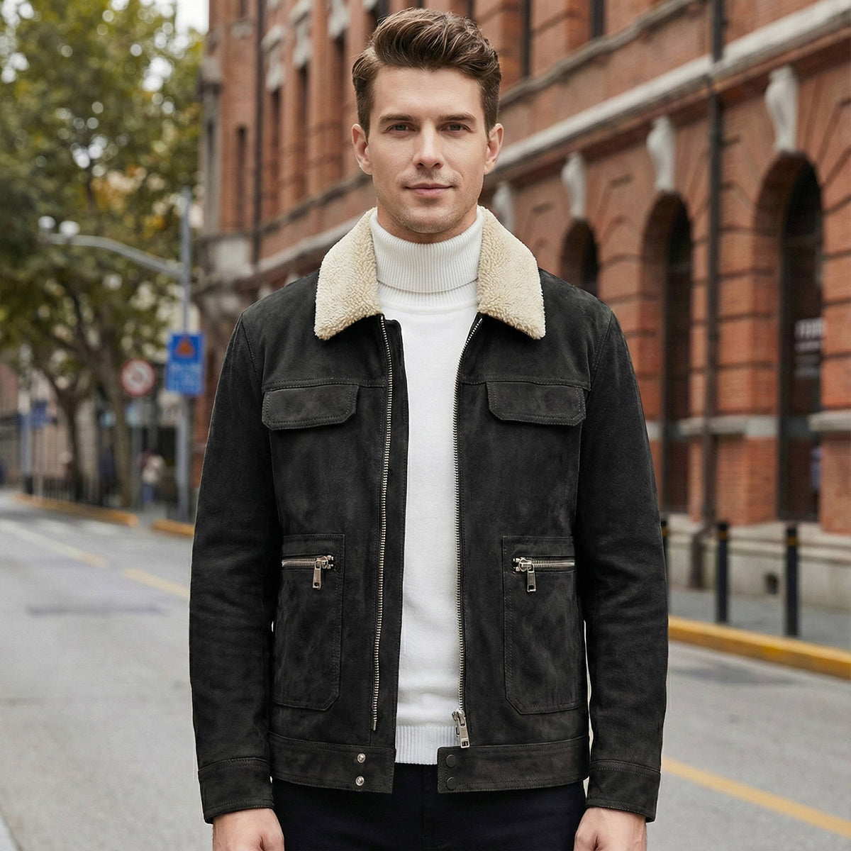 Men's Shearling-Collar Suede Jacket - Black