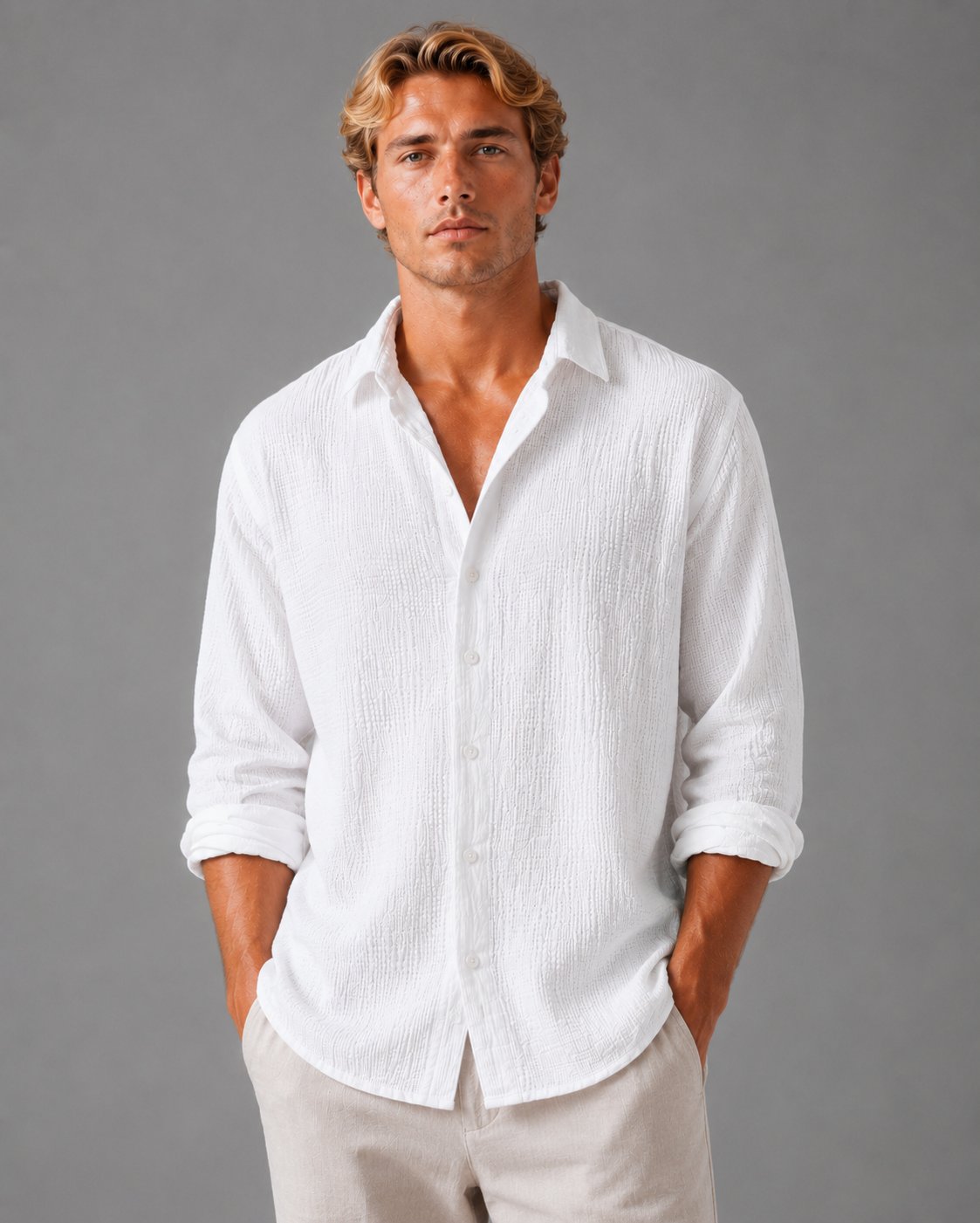 Men's Long Sleeve Crinkle Cotton Shirt - White