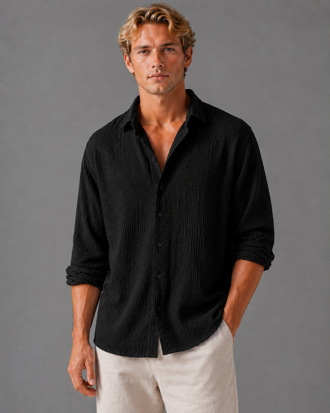 Men's Long Sleeve Crinkle Cotton Shirt - Black