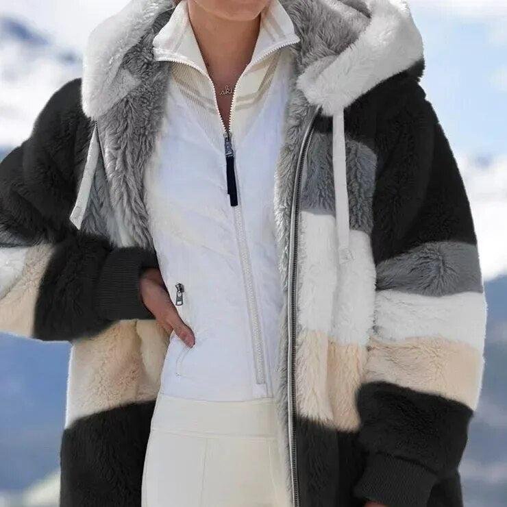 Women's Striped Oversized Hooded Faux Fur Jacket - Black Stripes