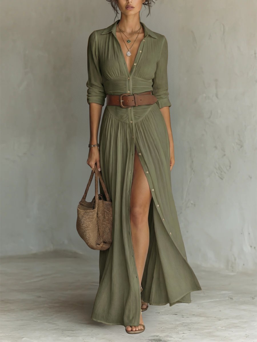 Women's Long Sleeve Vacation Maxi Shirt Dress - Green