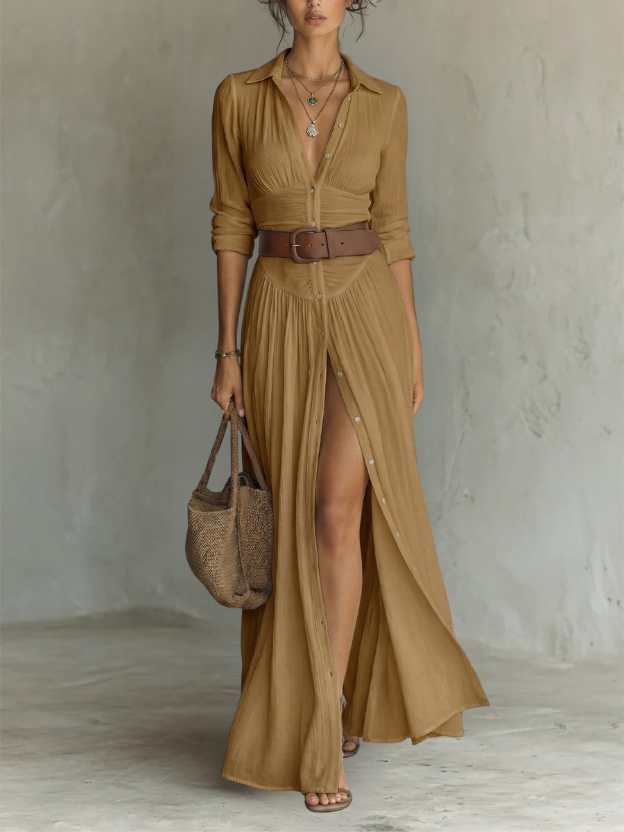 Women's Long Sleeve Vacation Maxi Shirt Dress - Brown
