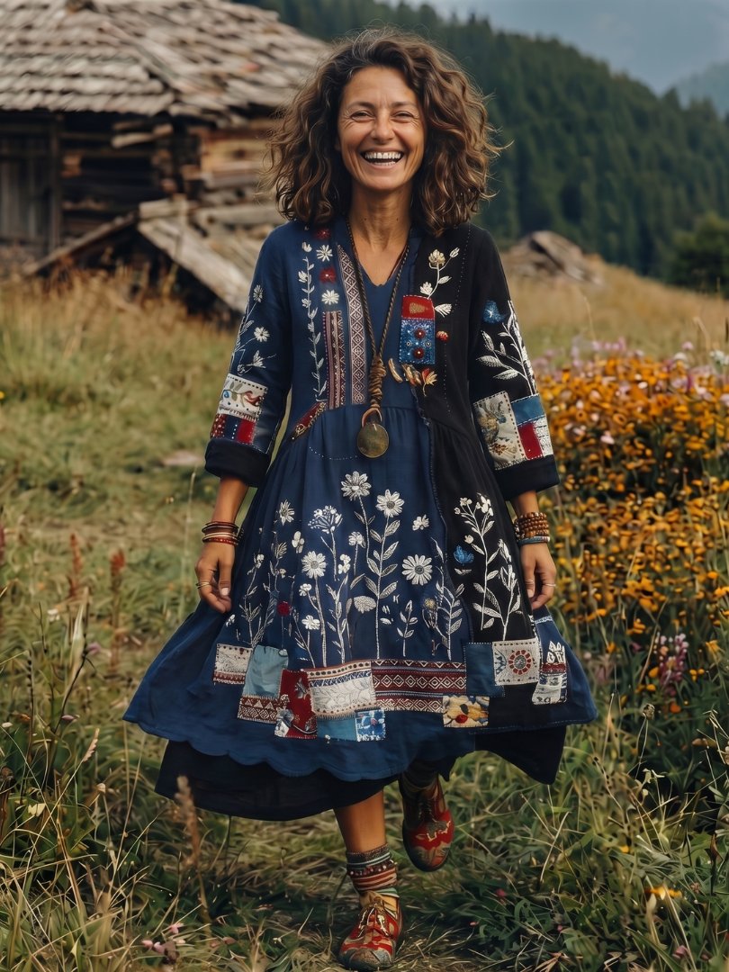 Women's Long Sleeve Floral Midi V-Neck Dress - Navy